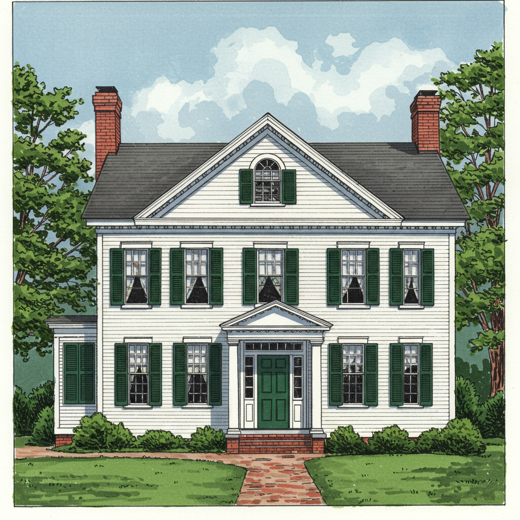 A symmetric Colonial Revival house with central pedimented portico, six-over-six sashes with shutters, and white-painted clapboard
