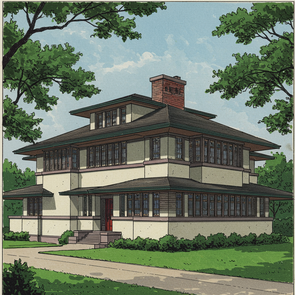 A two-storey Prairie house with low hipped roof, deep eaves, horizontal banding, ribbon casements, and a central masonry chimney