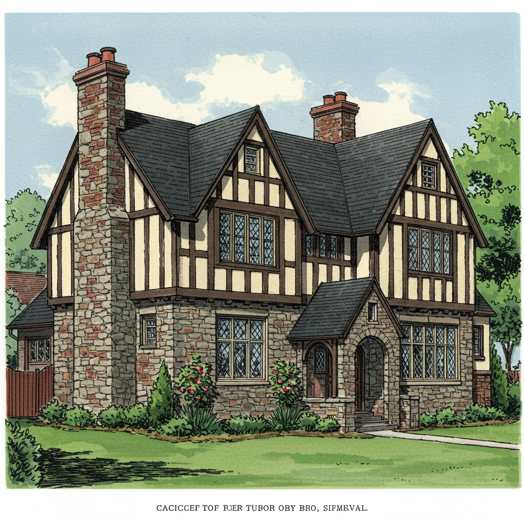 A Tudor Revival house with half-timbered upper storey, steep cross-gables, and mullioned casement windows