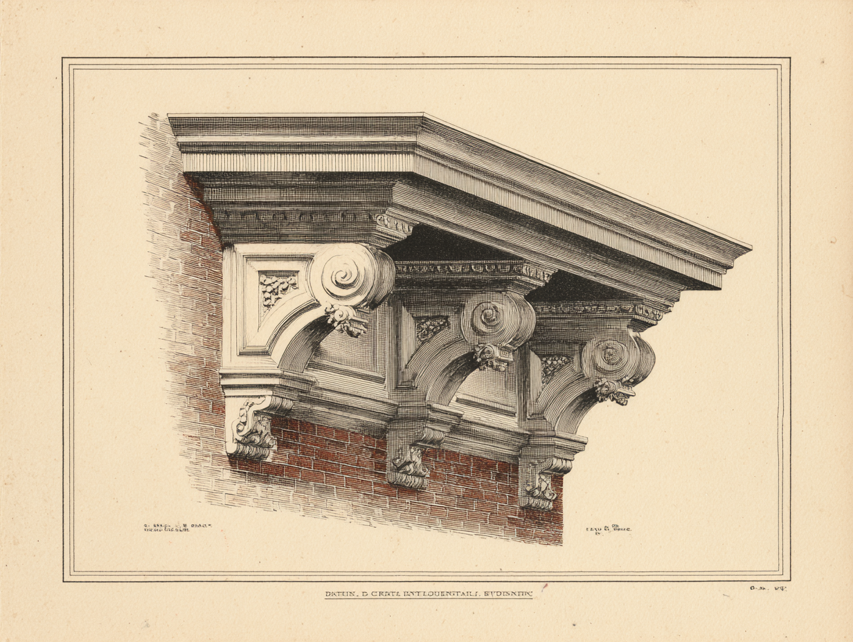A close detail of a Georgian Colonial cornice at the eaves — a horizontal moulded classical entablature carried along the top of the wall beneath the roof, projecting boldly from the wall plane, its under edge enriched with a continuous row of small square dentil blocks set like teeth, or with larger scrolled modillion brackets, the boxed classical cornice running clean around the building