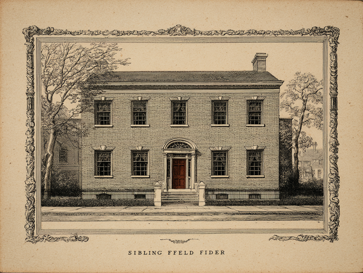 A Federal house — a strictly symmetrical flat-faced multi-bay house, usually brick, two storeys under a low hipped roof, but with markedly lighter and more delicate classical detail than the Georgian: a flat fanlit doorway with a semicircular or elliptical fanlight and narrow sidelights, a shallow cornice, attenuated slender proportions, low-relief ornament of swags and urns