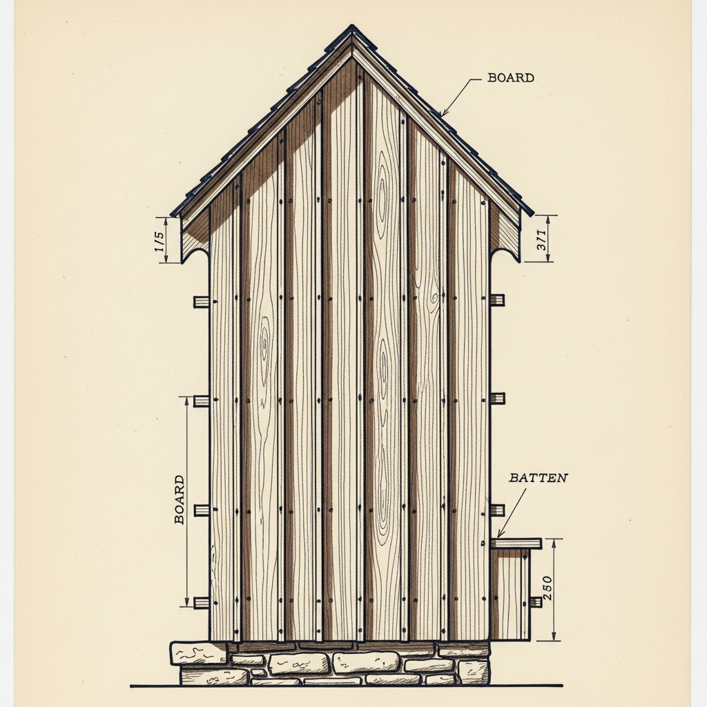 Detail of board-and-batten siding — vertical boards with thin battens covering the seams