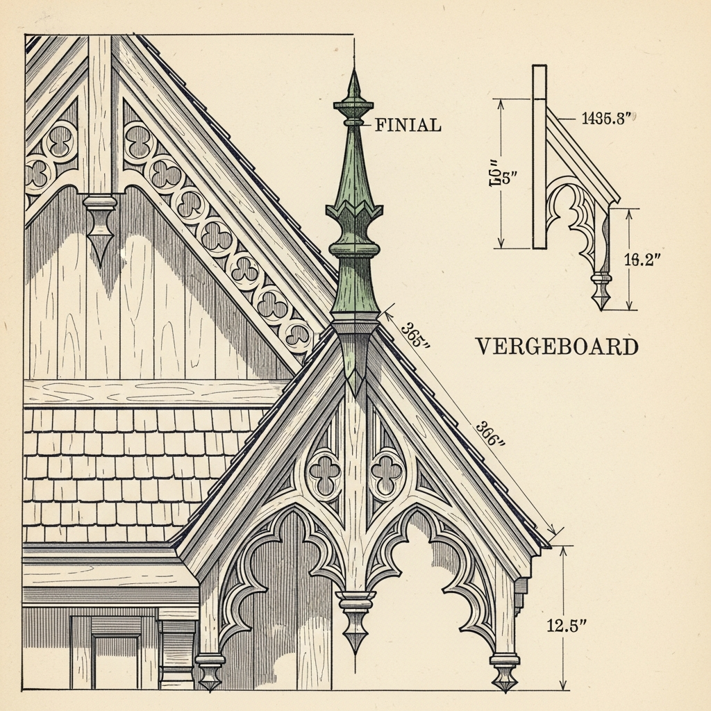 Detail of an ornamental Gothic Revival vergeboard with scrolled sawn woodwork