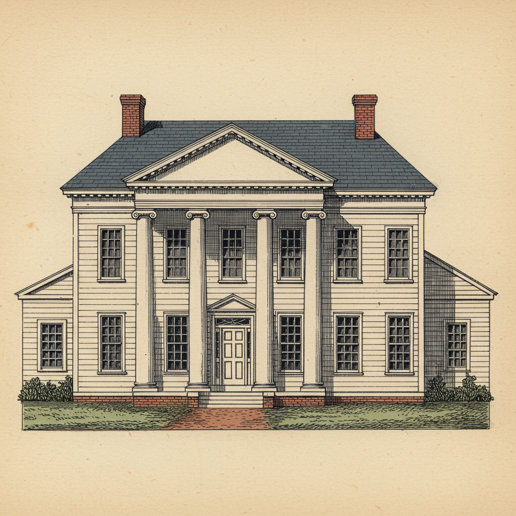 A Greek Revival temple-fronted house with cornice returns