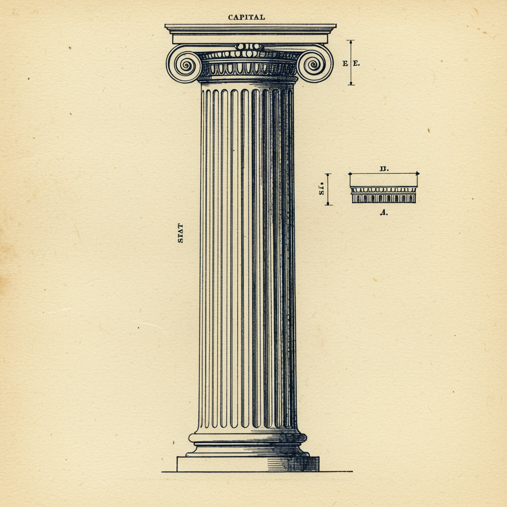 Detail of a Greek Ionic column with fluted shaft and scrolled volutes at the capital