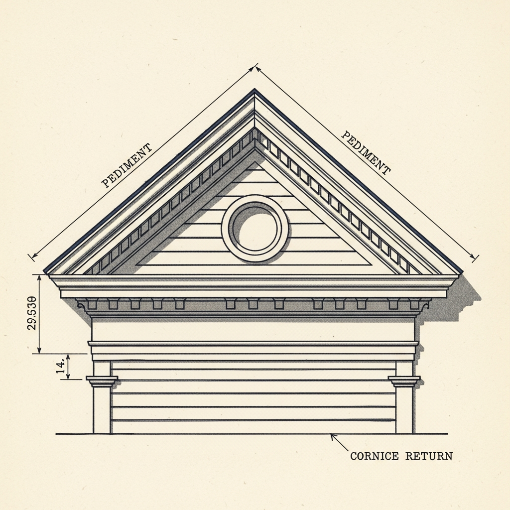 Detail of a Greek Revival pediment with cornice returns at the corners