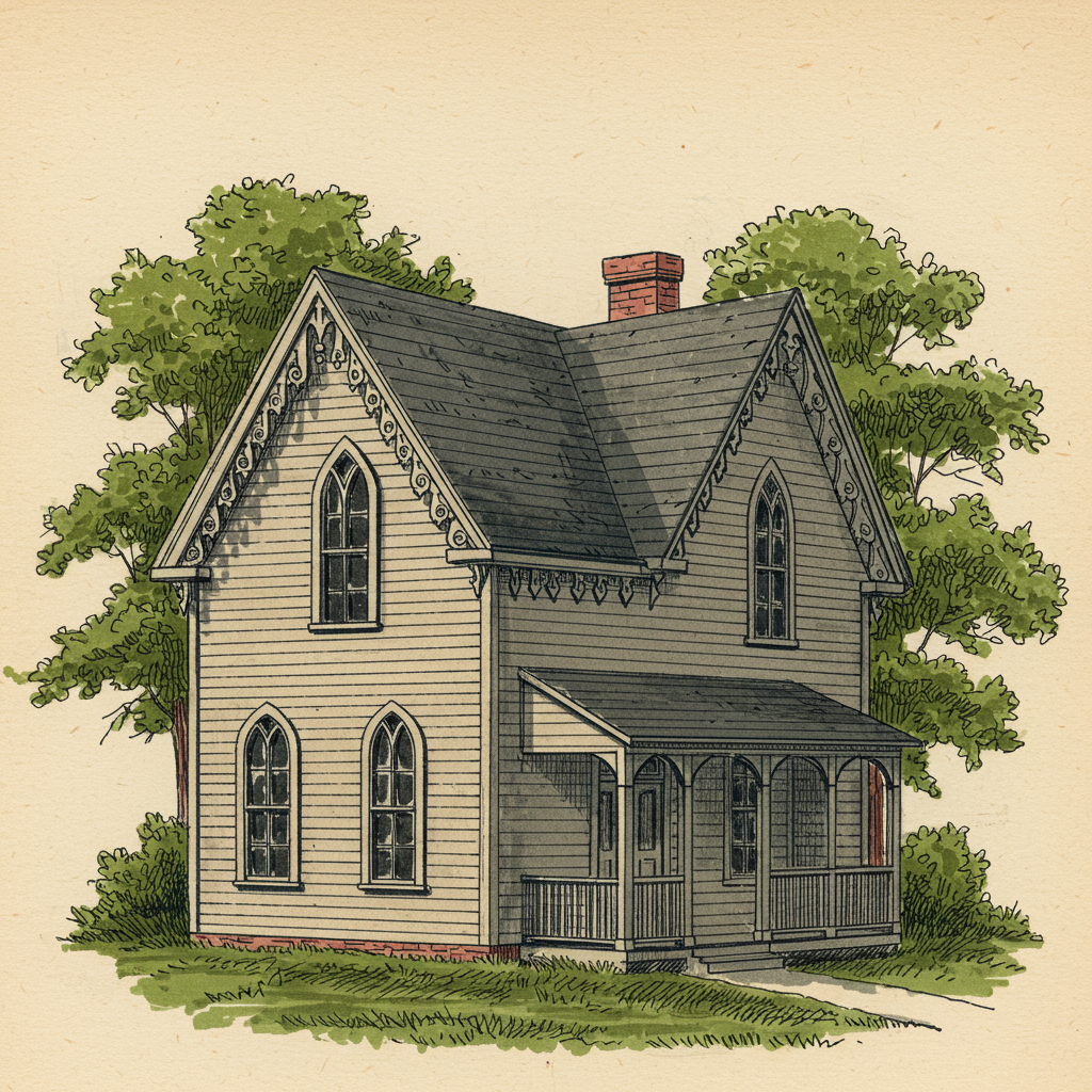 A Gothic Revival cottage with steep gable, vergeboards, and pointed-arch windows