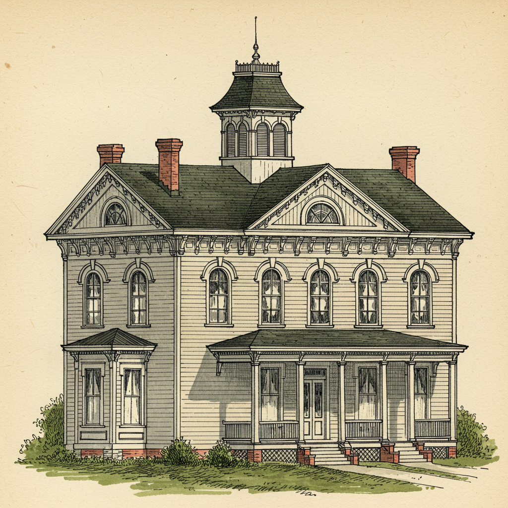 An Italianate house with low-pitched roof, bracketed cornice, and cupola
