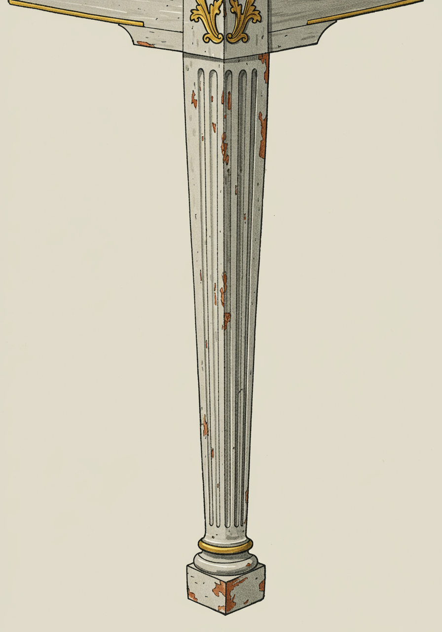A close detail of a Gustavian fluted columnar leg in painted Swedish pine — the Louis XVI form vocabulary translated into the Northern bourgeois painted-pine register