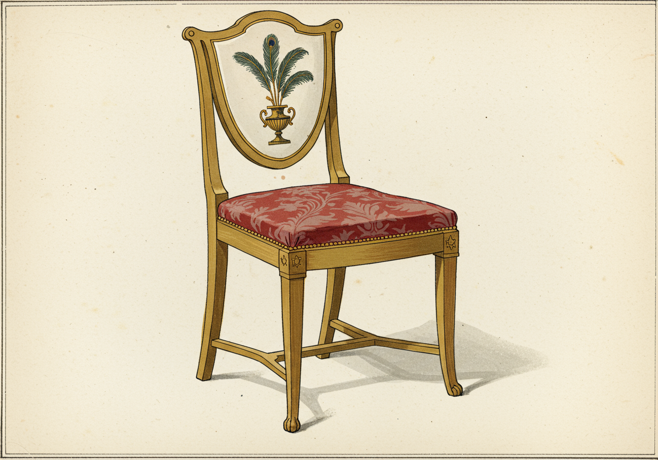 A Hepplewhite English chair — pale satinwood, shield-back form, painted-and-inlaid neoclassical decoration; the contemporary English translation of the same neoclassical impulse