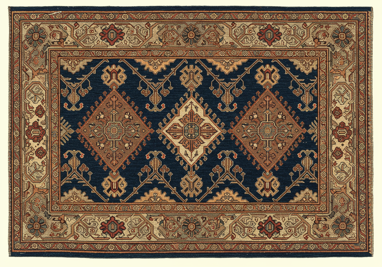 A close detail of a Hamadan main border — repeating boteh or rosette in earth-tone vocabulary