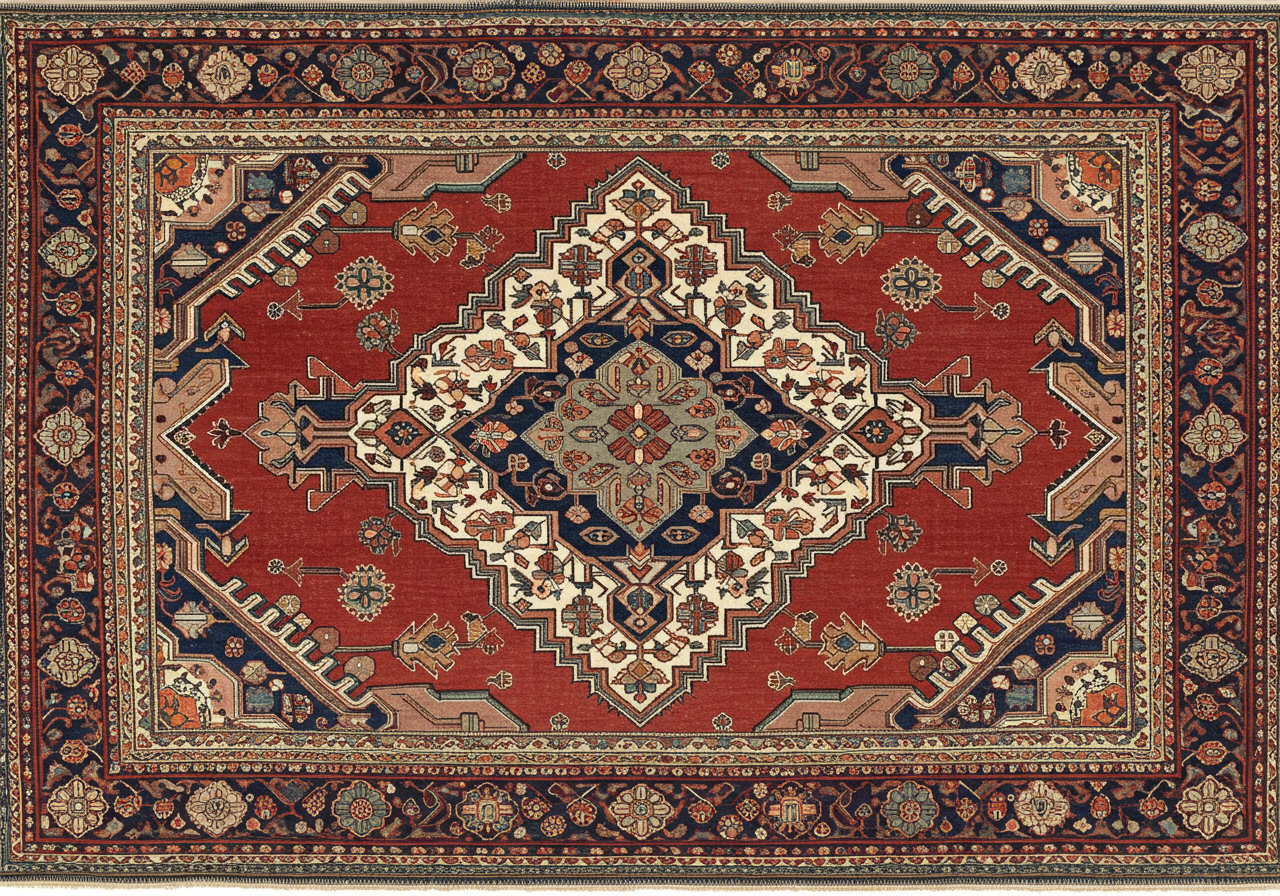 A commercial Heriz rug — northwestern Persian district to the north, brick-red, larger medallion than Hamadan