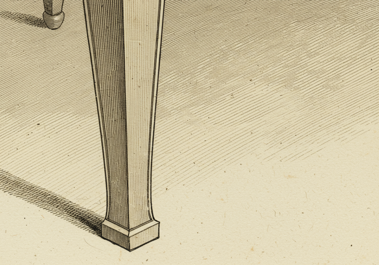 A close detail of a Hepplewhite tapered leg with spade foot — straight neoclassical form