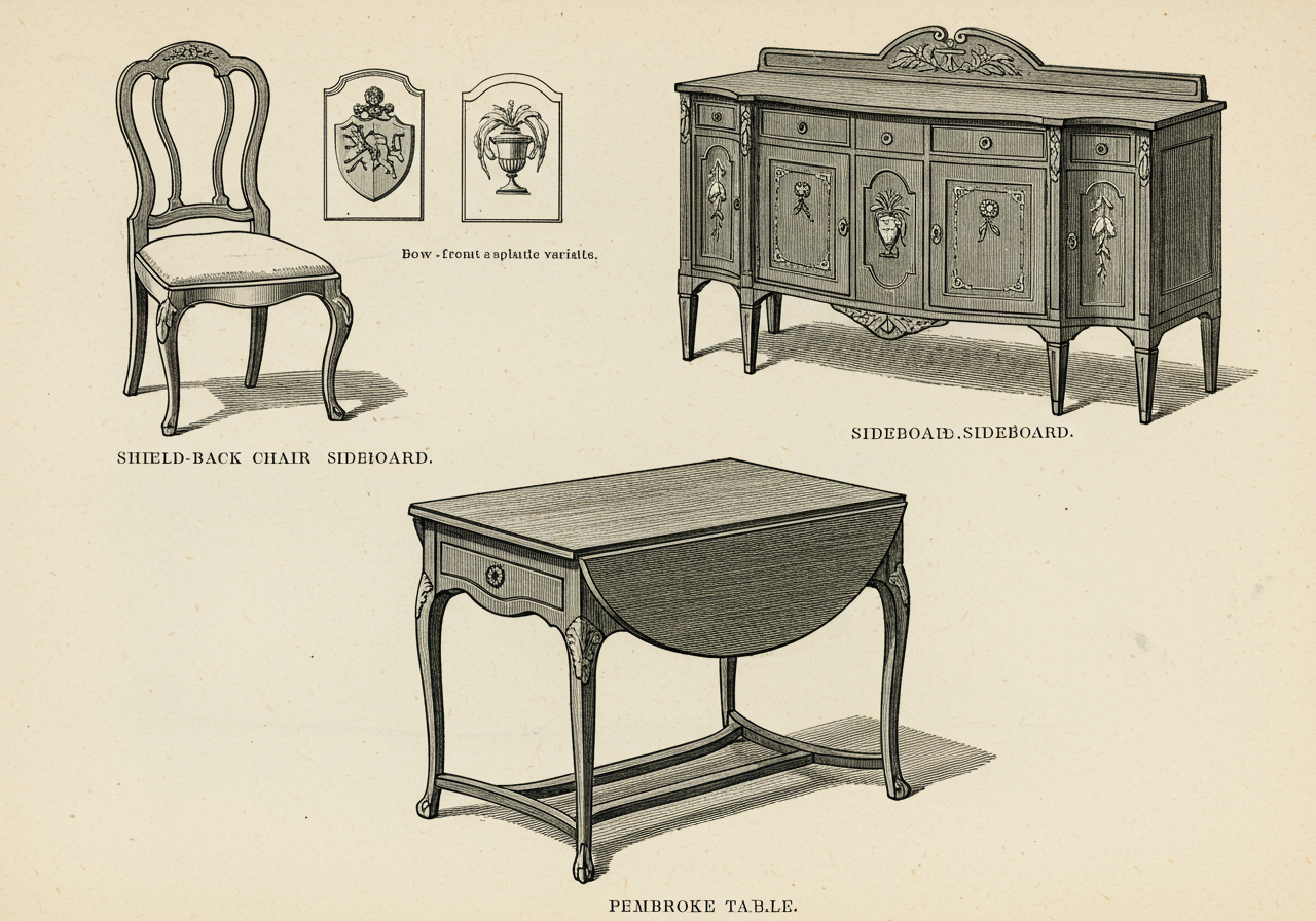A page from the 1788 Hepplewhite Guide — engraved plates of shield-back chair, sideboard, secretary-bookcase