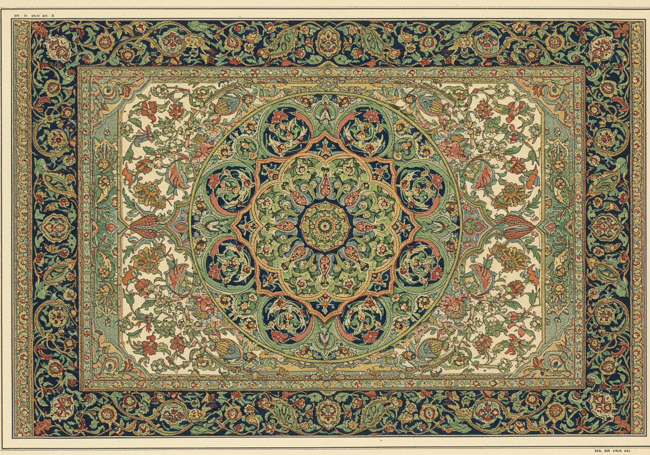 A close detail of a Hereke central medallion — fine court vocabulary in jewel-tone silk on ivory ground