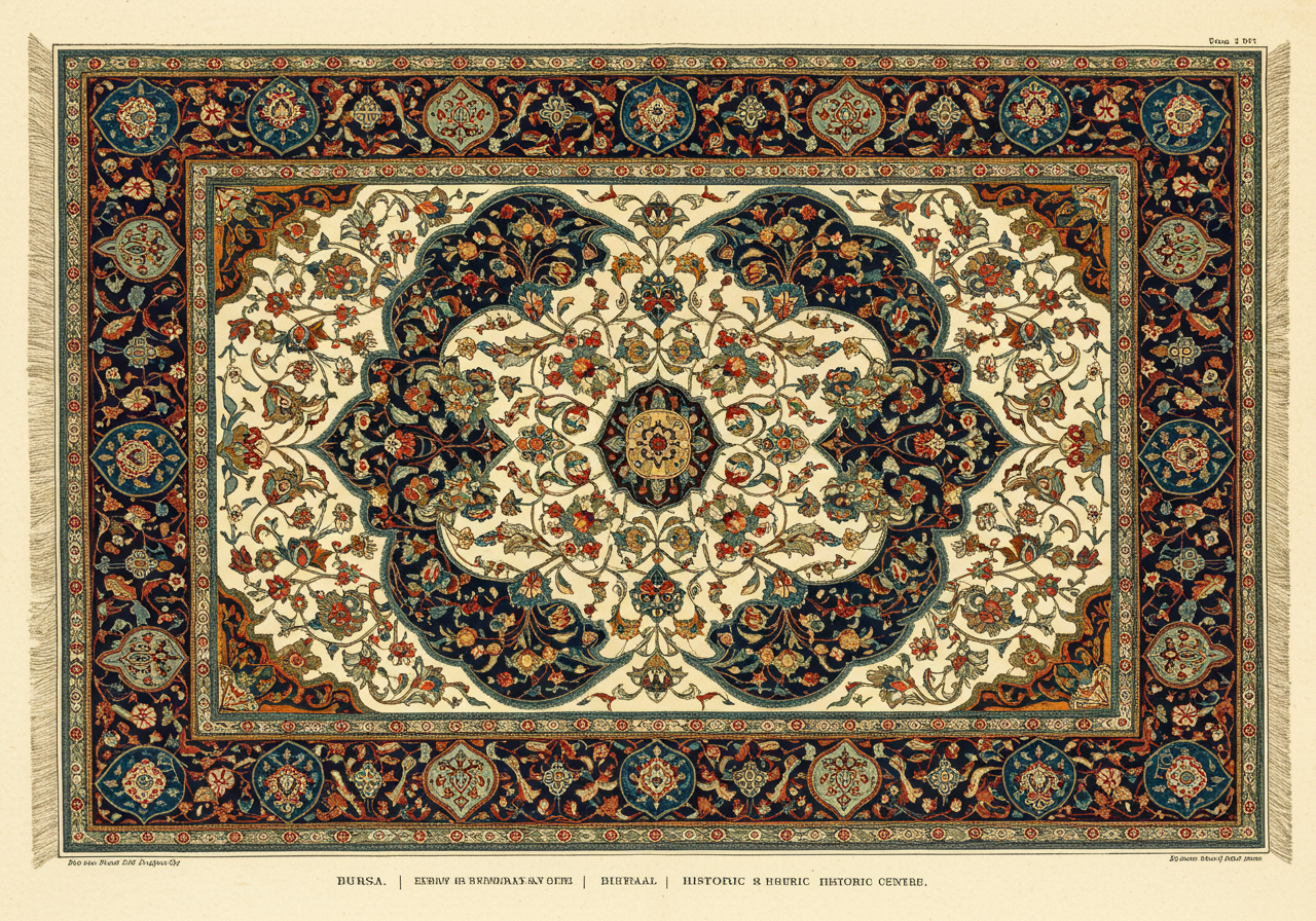 A Bursa silk rug — the older Ottoman silk centre, pre-Hereke tradition, related vocabulary