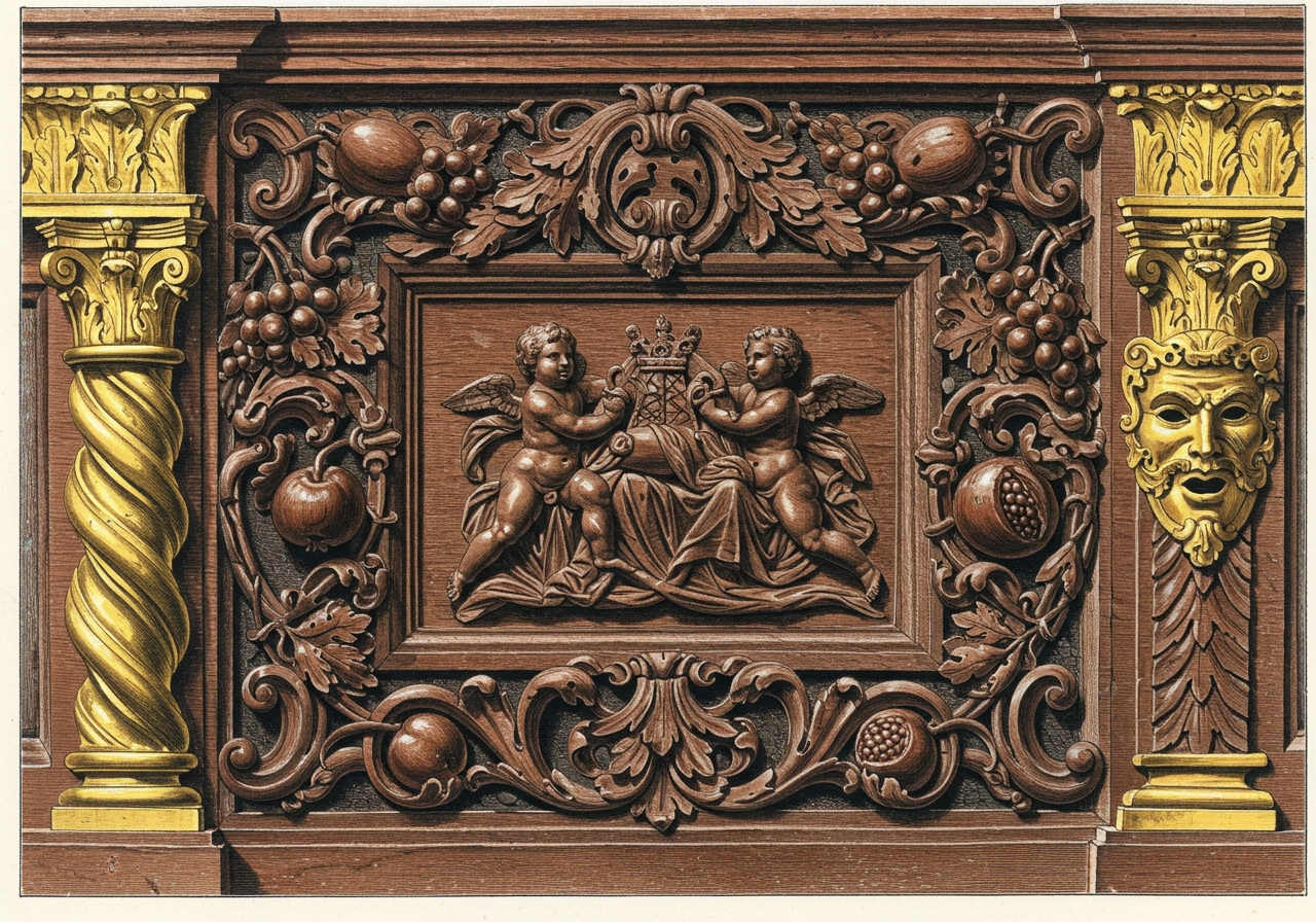 A close detail of Italian Baroque deep-relief walnut carving — mythological figures, swags, and Solomonic-column elements in the dark Italian walnut of the period