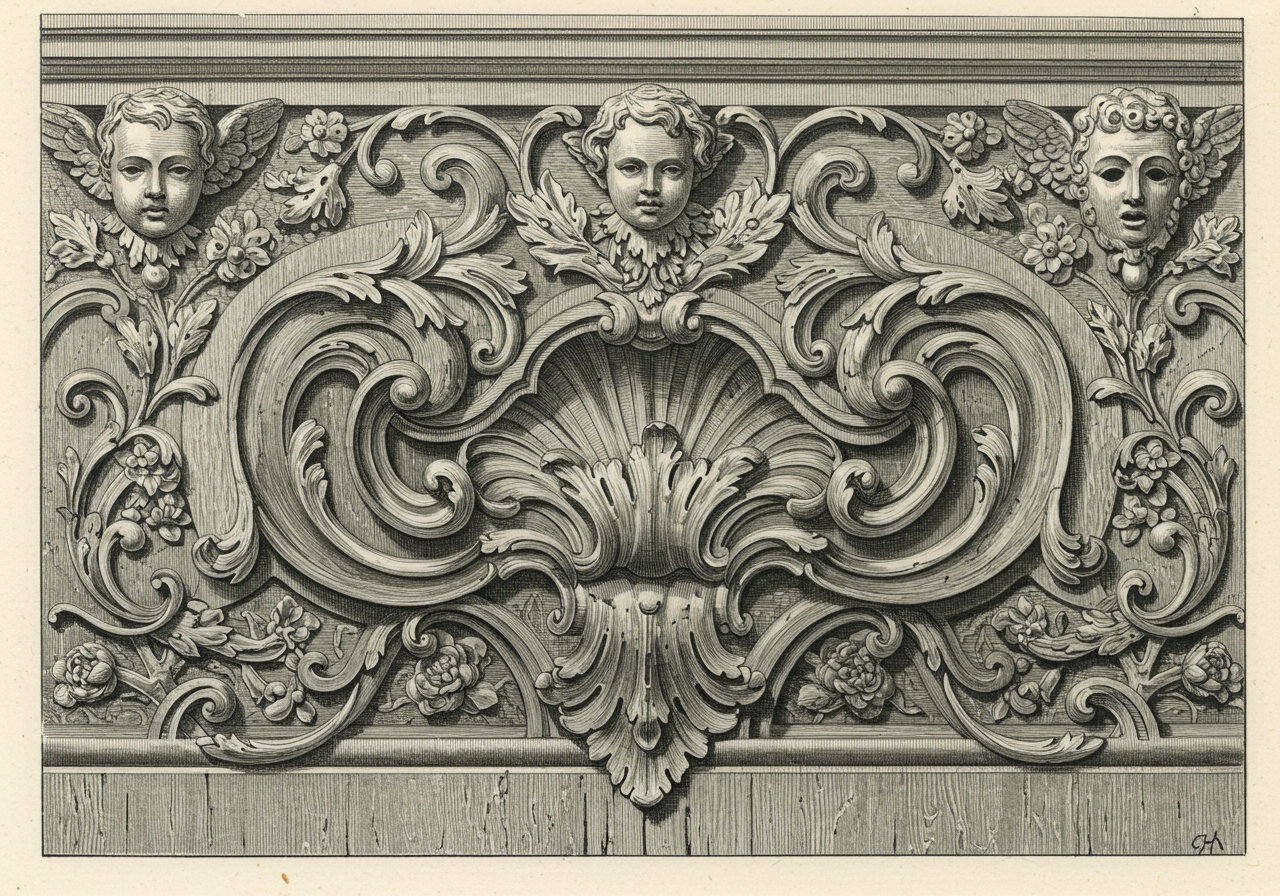 A close detail of Venetian carved giltwood structural element — scrollwork, putto, mascaron