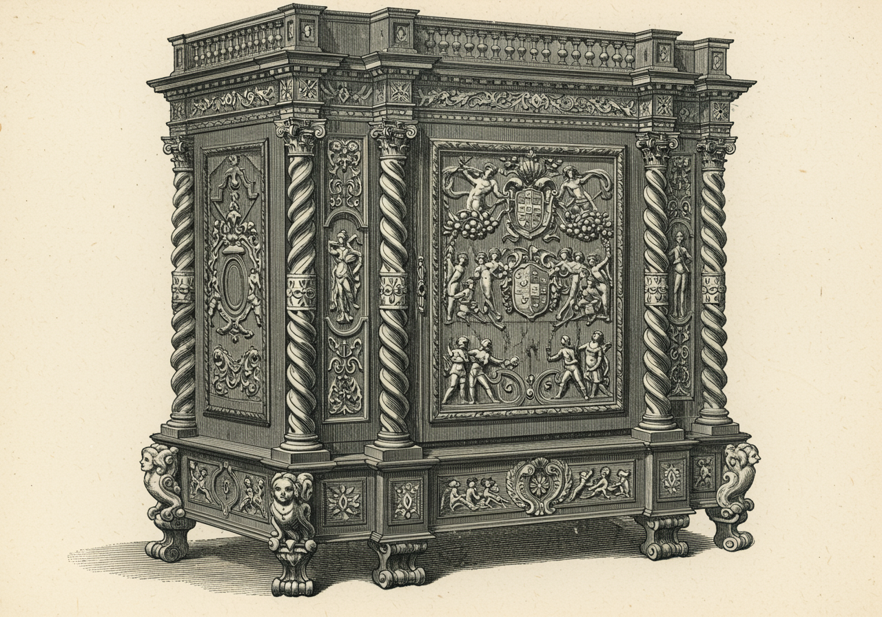 An Italian Baroque cabinet — dark walnut + heavy gilt, the 17th-c antecedent