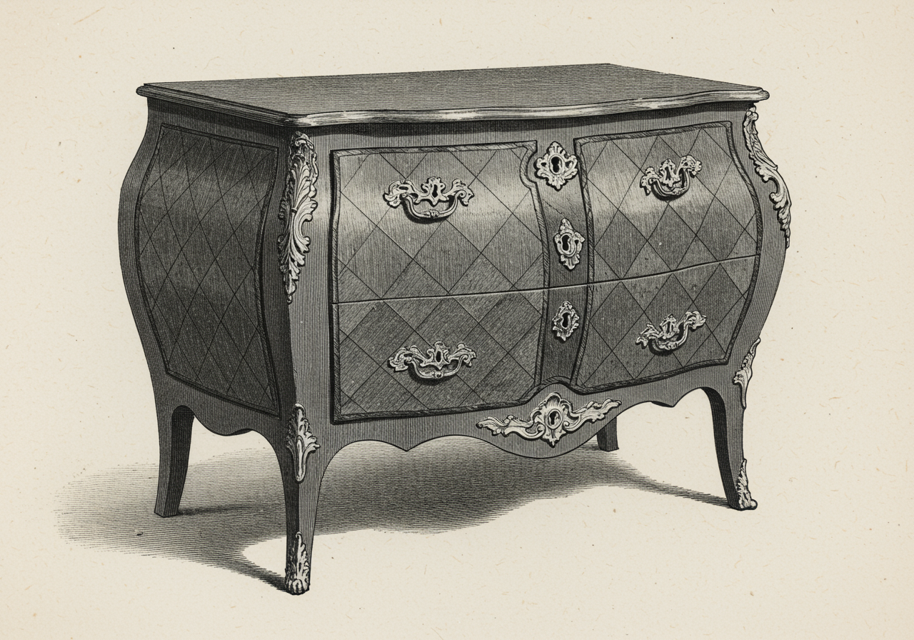 A Louis XV French commode — French rococo with bombé case, exotic veneer, ormolu