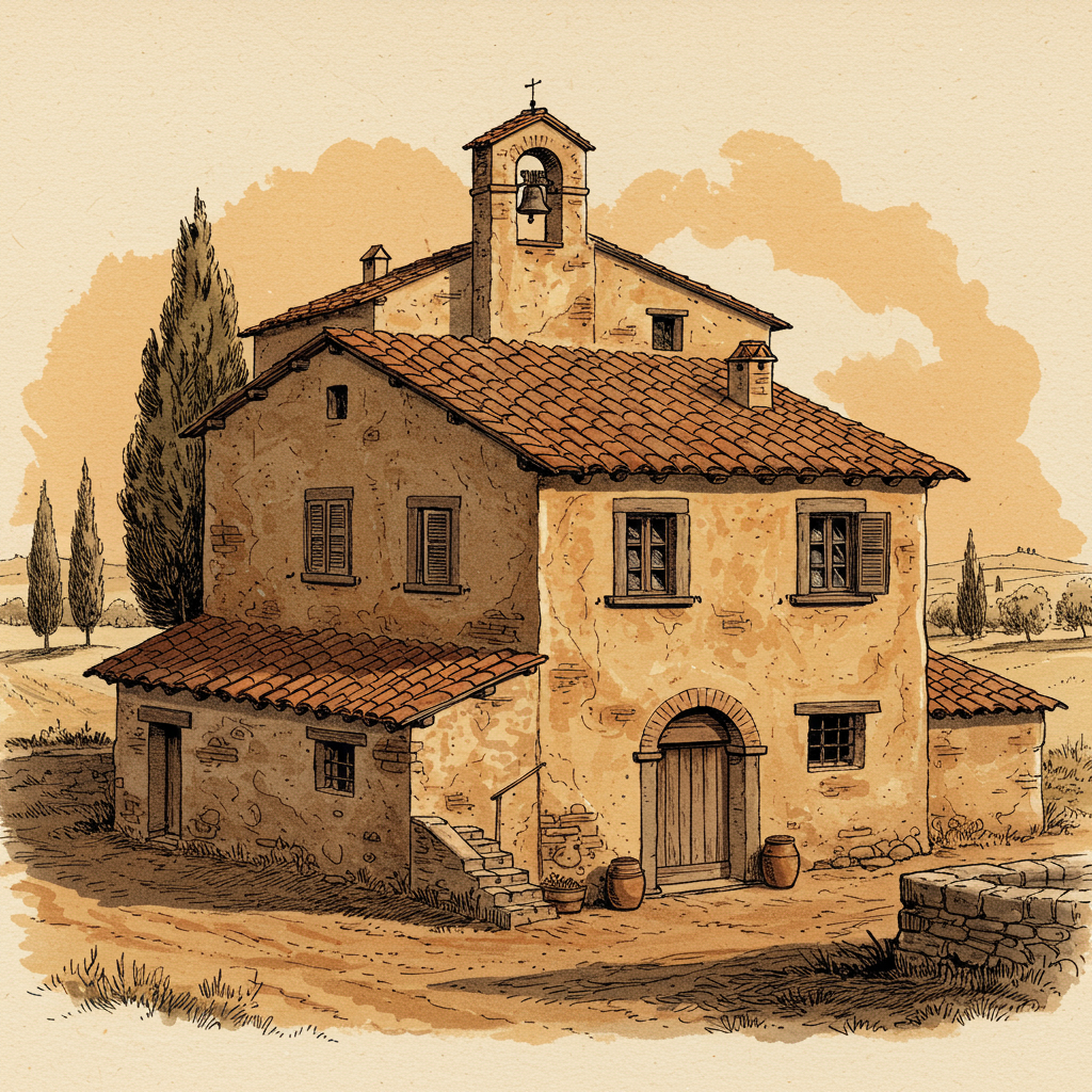A Tuscan rural villa, c. 1500, in stuccoed stone with deep eaves and a square campanile