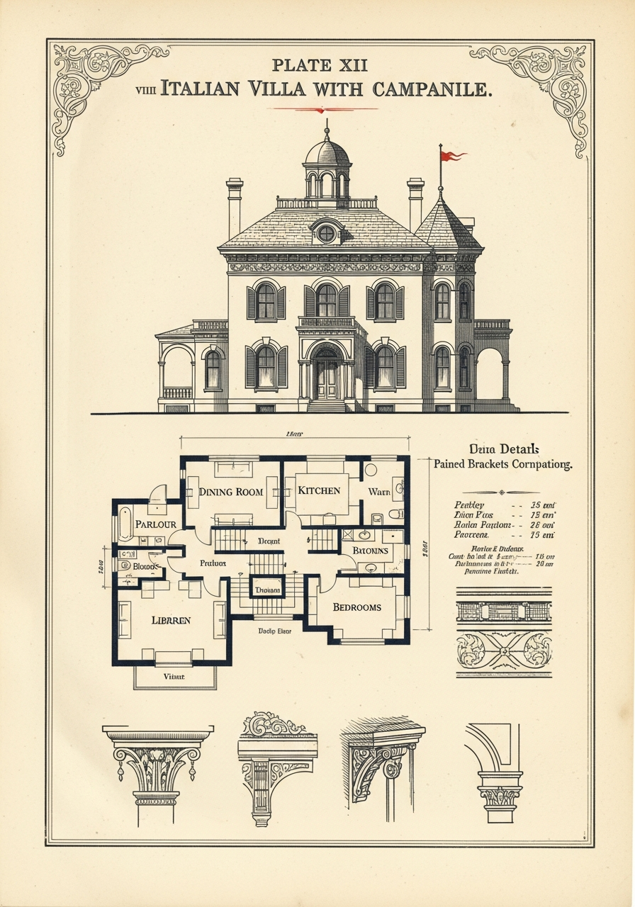 A plate from Samuel Sloan's The Model Architect showing an Italianate villa with cupola