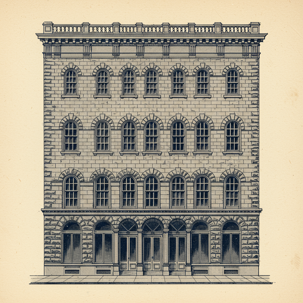 A Renaissance Revival commercial palazzo in rusticated stone with paired arched windows