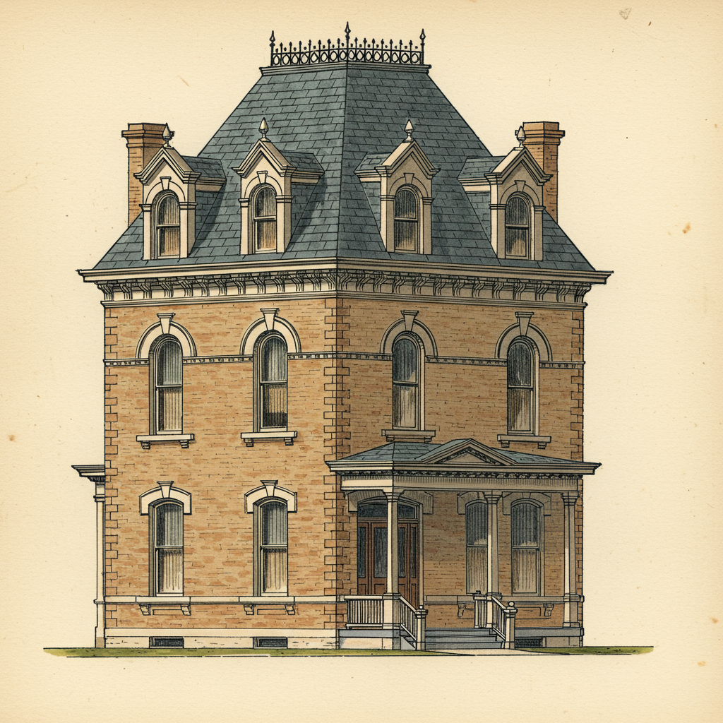 A Second Empire house with a steep mansard roof and dormer windows