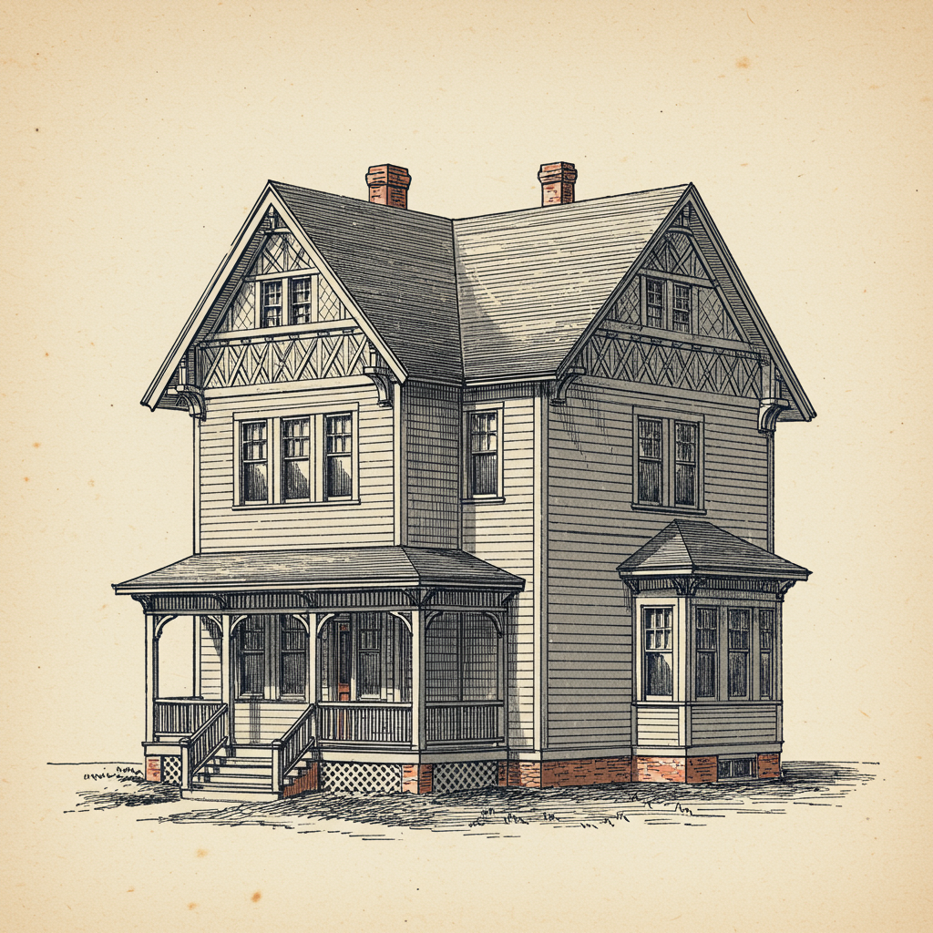 A Stick style house with exposed decorative timber framing across the wall plane