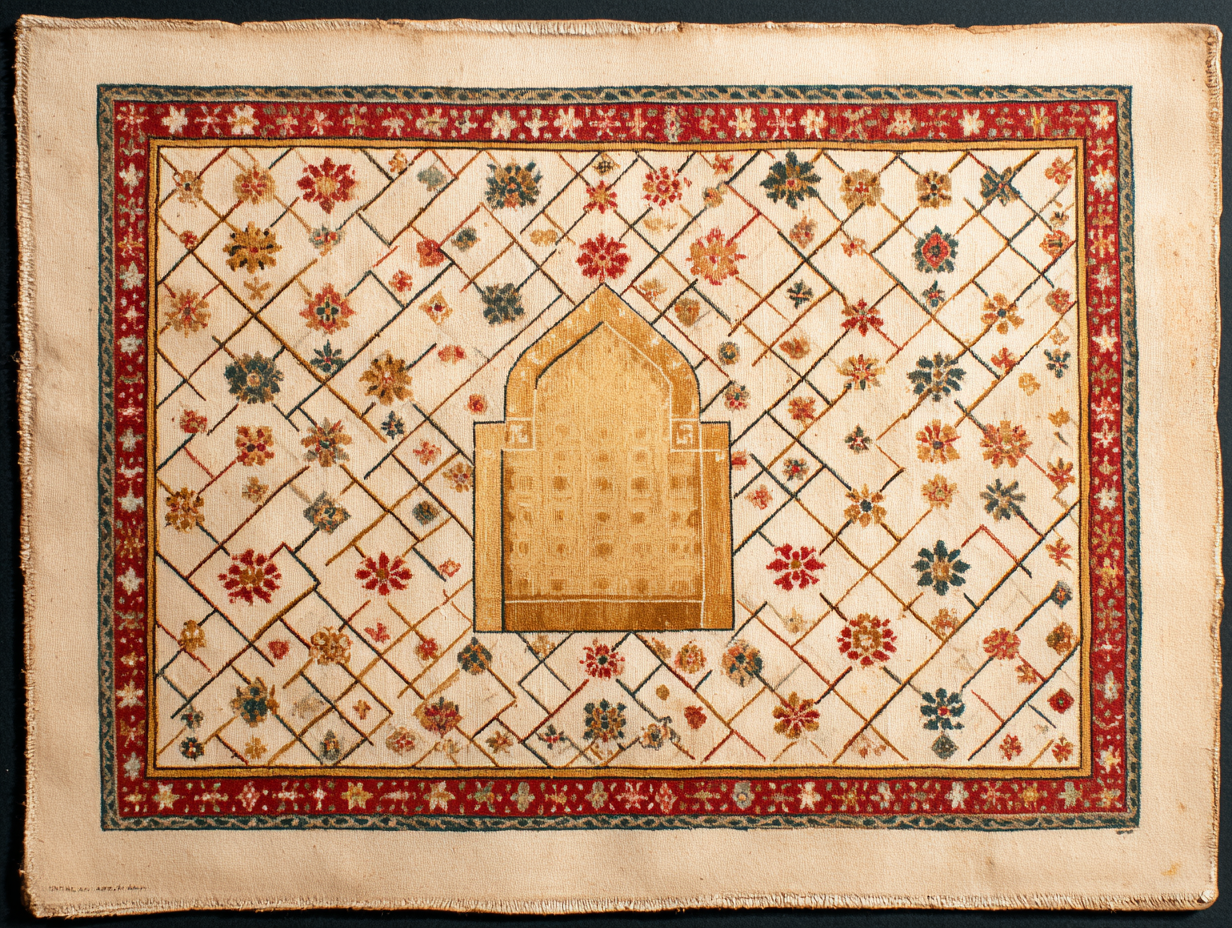 A Daghestan rug — eastern Caucasian prayer-rug type with pale ground and lattice composition
