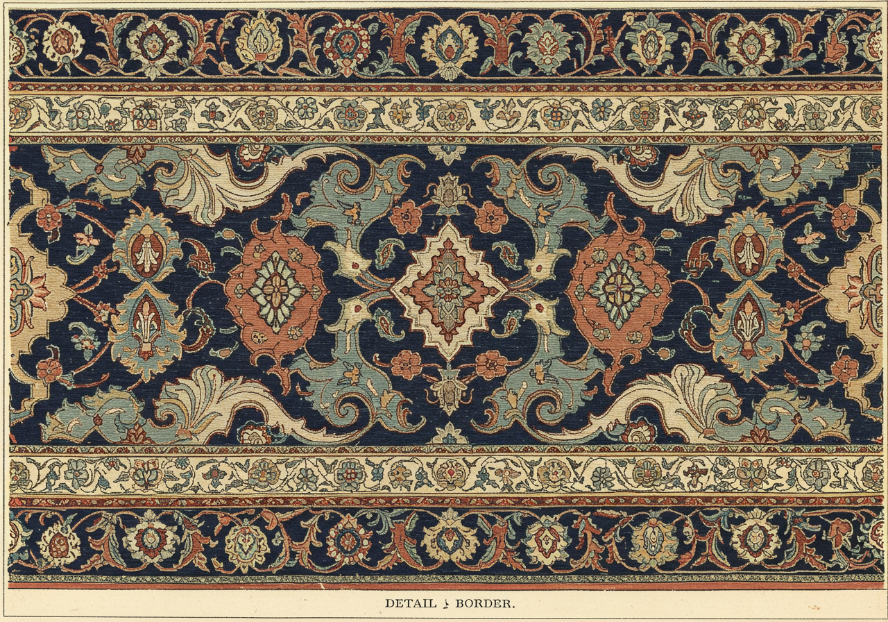 A close detail of a Kashan main border — fine palmette-and-cloud-band court vocabulary on indigo ground
