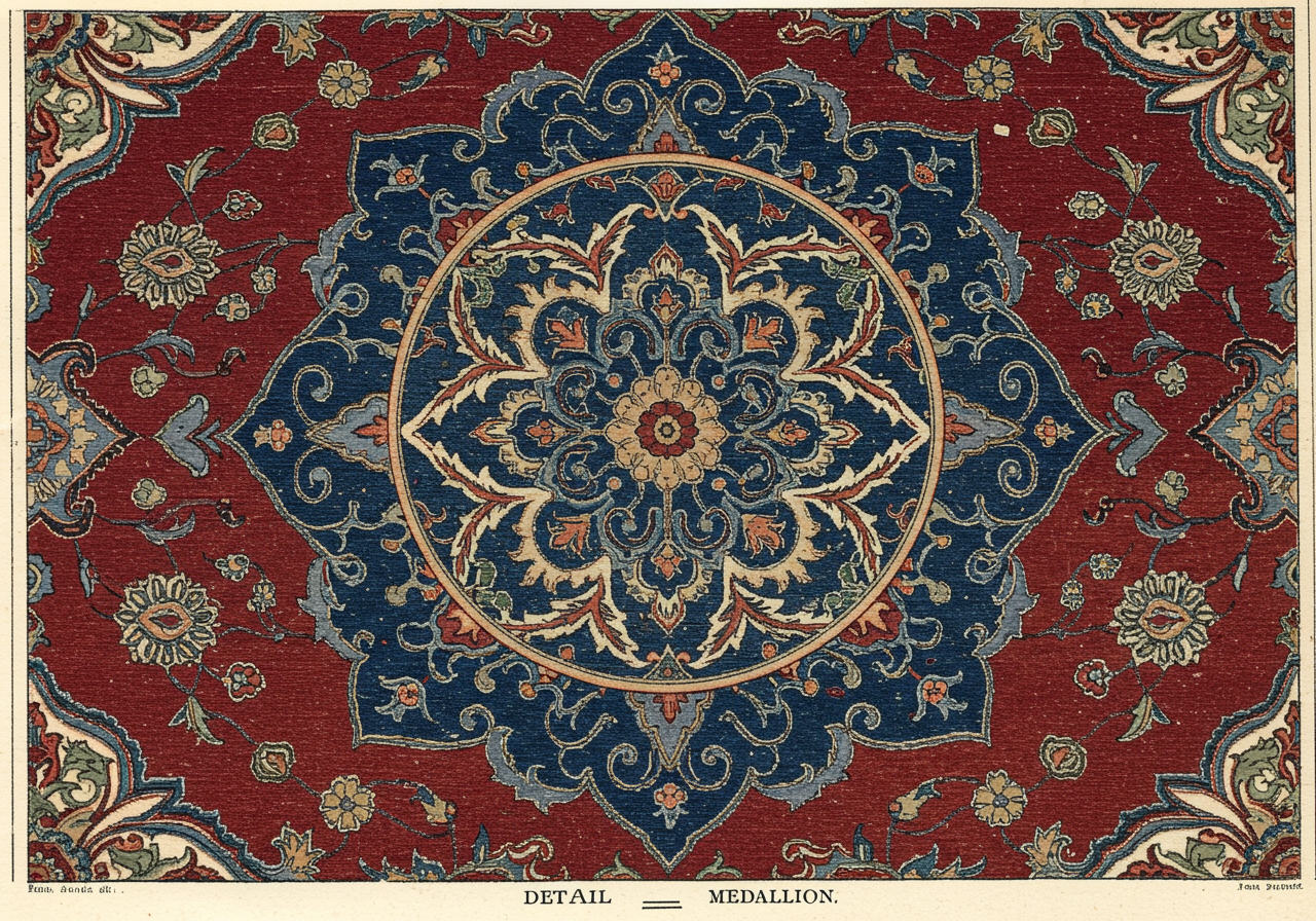 A close detail of a Kashan central medallion — floral court vocabulary of palmettes, cloud-bands, and fine arabesques on deep wine-red ground