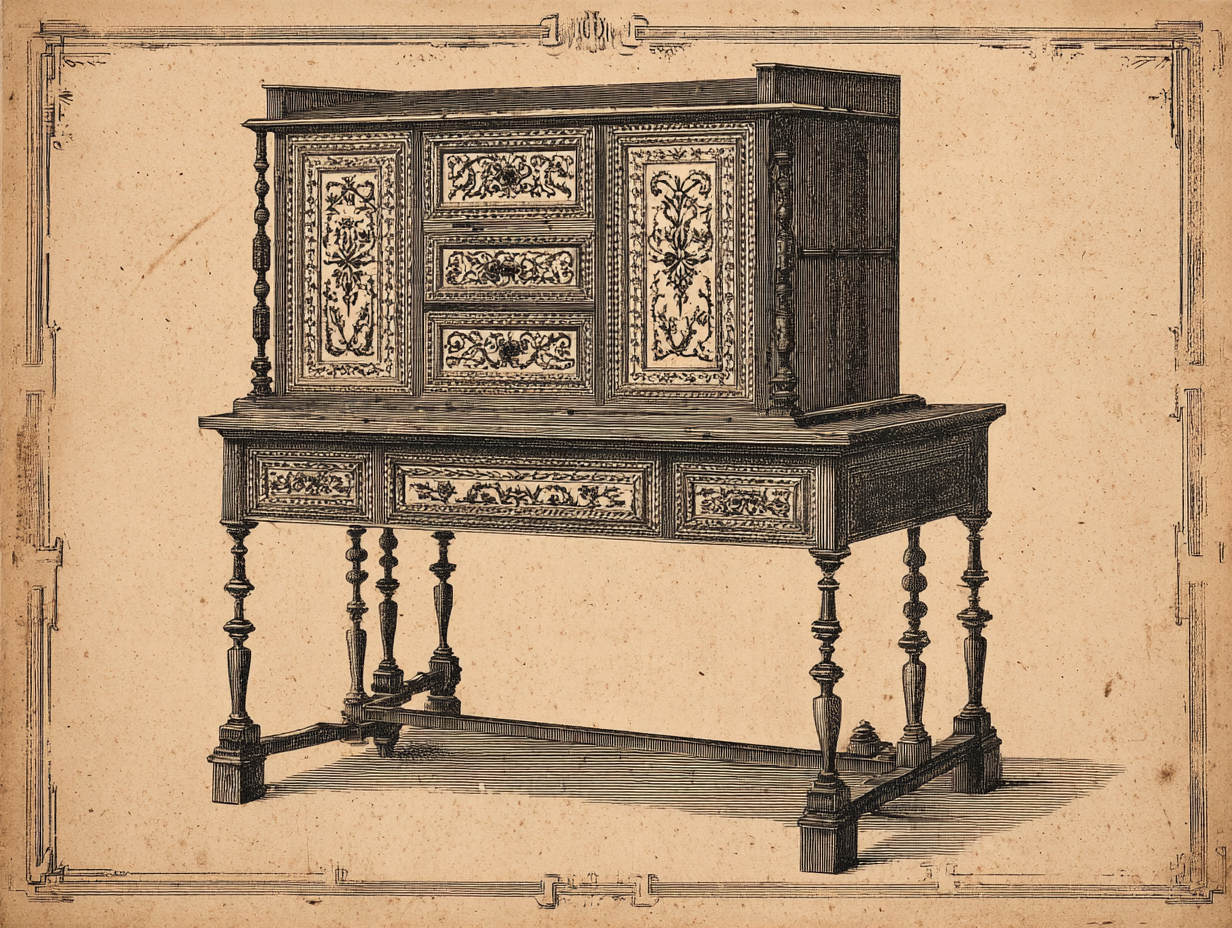 A William and Mary English cabinet — dark walnut with seaweed marquetry, bun feet, and turned columnar legs
