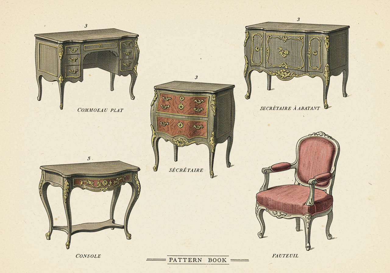 A page from a Victorian portfolio on Louis XV furniture — engraved drawings of the principal forms (commode, bureau plat, secrétaire, console, fauteuil) with explanatory annotations