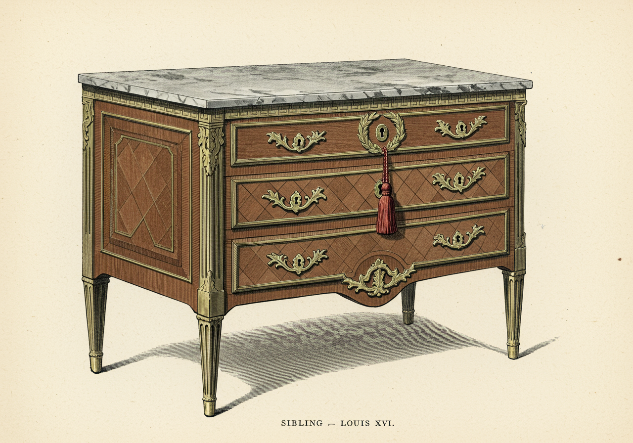 A Louis XVI commode — straight fluted columnar legs, rectangular case with canted corners, geometric trellis marquetry, Greek-key and laurel-wreath ormolu mounts