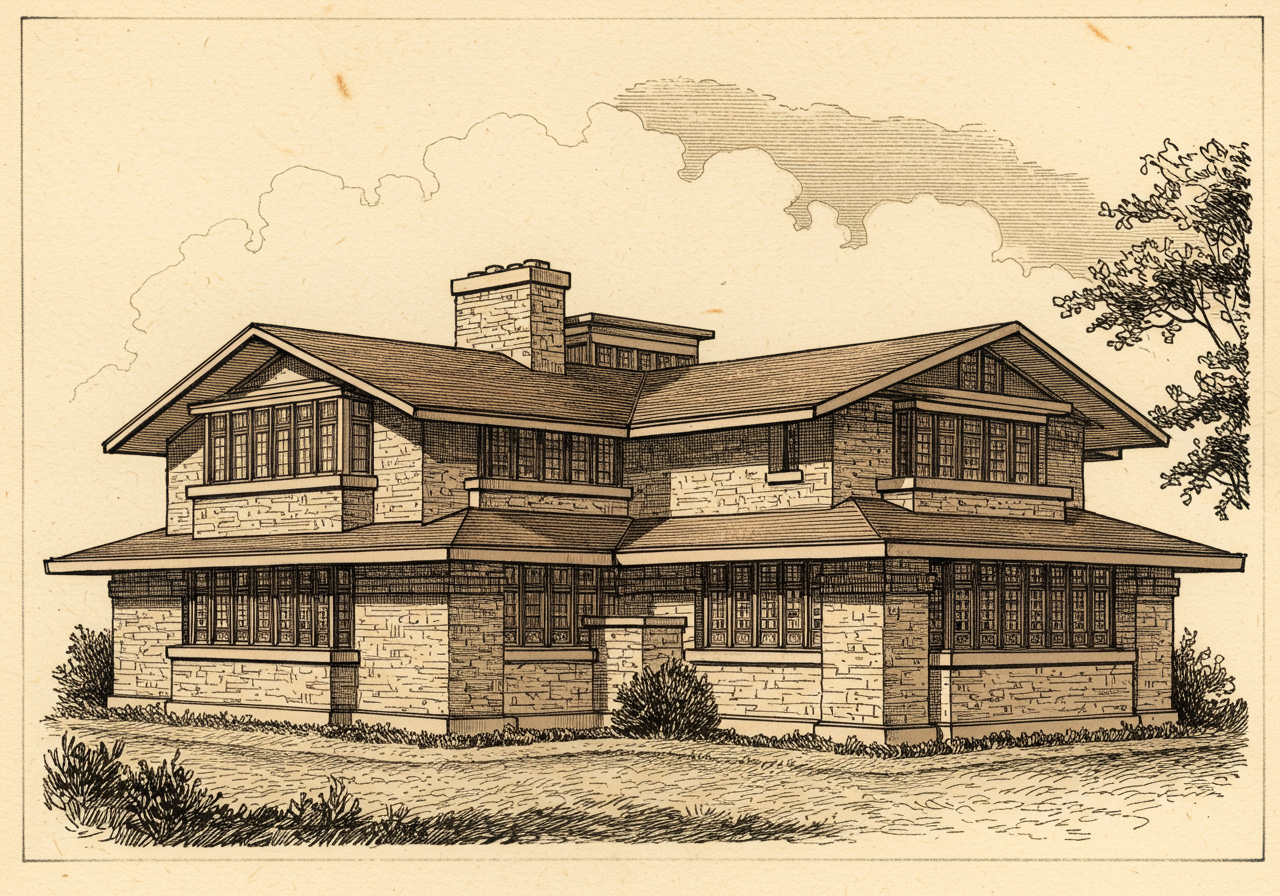 A Prairie School house — a long low two-storey house with broad sheltering hipped roofs, deep overhanging eaves, horizontal banded windows, and a heavy masonry base, in the early-twentieth-century manner of Frank Lloyd Wright and his Chicago contemporaries