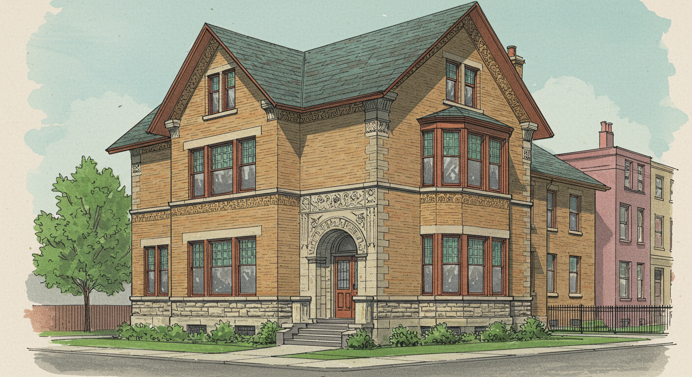 A horizontal-banded residential design by Louis Sullivan, c. 1892, in roman brick with deep eaves and a low hipped roof