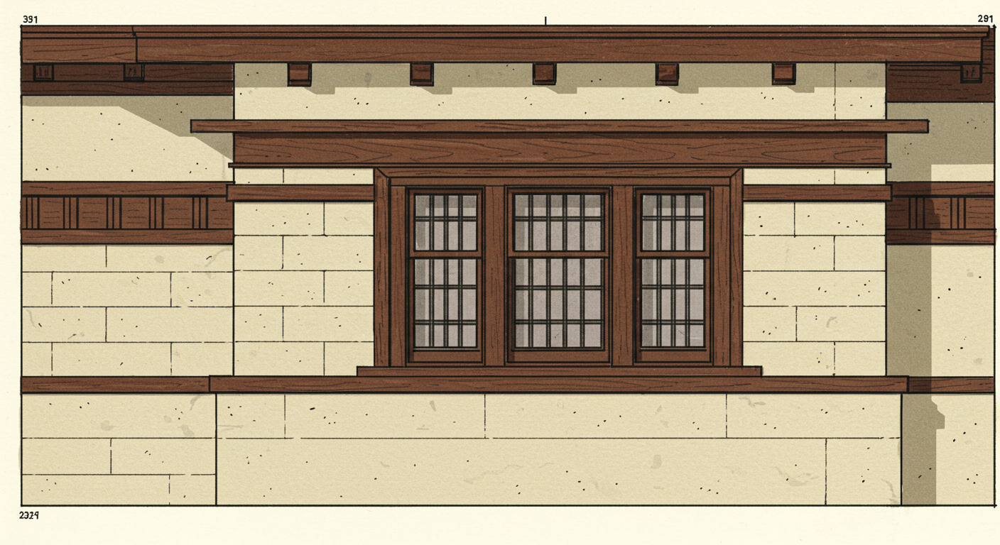Detail of horizontal trim banding on a Prairie house, with dark-stained wood bands picking out floor, sill, and lintel levels against cream stucco