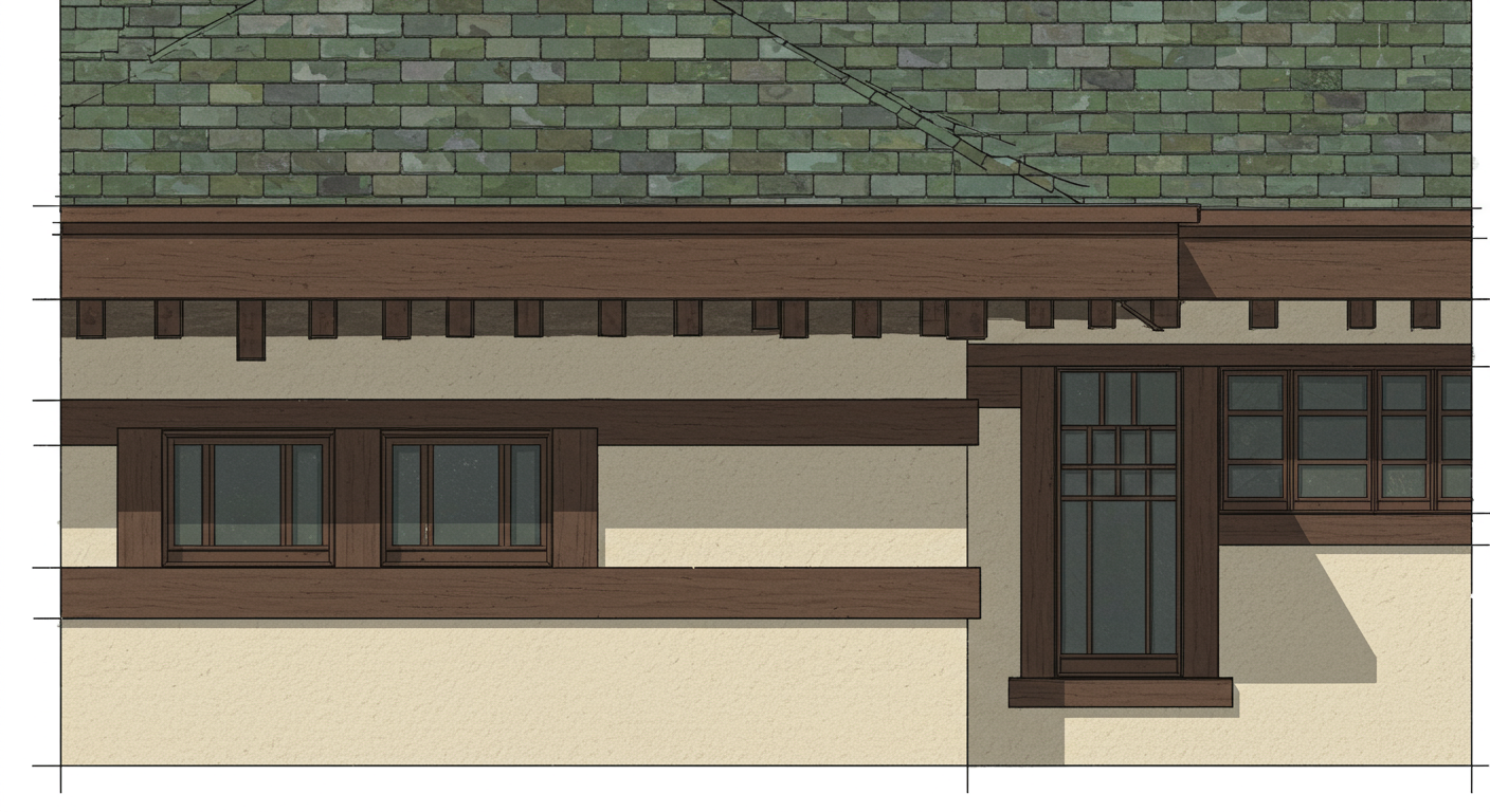Detail of a wide overhanging Prairie eave on a low hipped roof, with a continuous horizontal trim band at the eave line