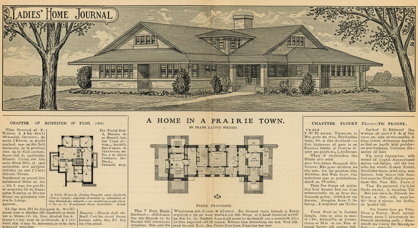A page from Frank Lloyd Wright's 'A Home in a Prairie Town' as published in Ladies' Home Journal, February 1901, showing the elevation, plan, and text of a Prairie house design
