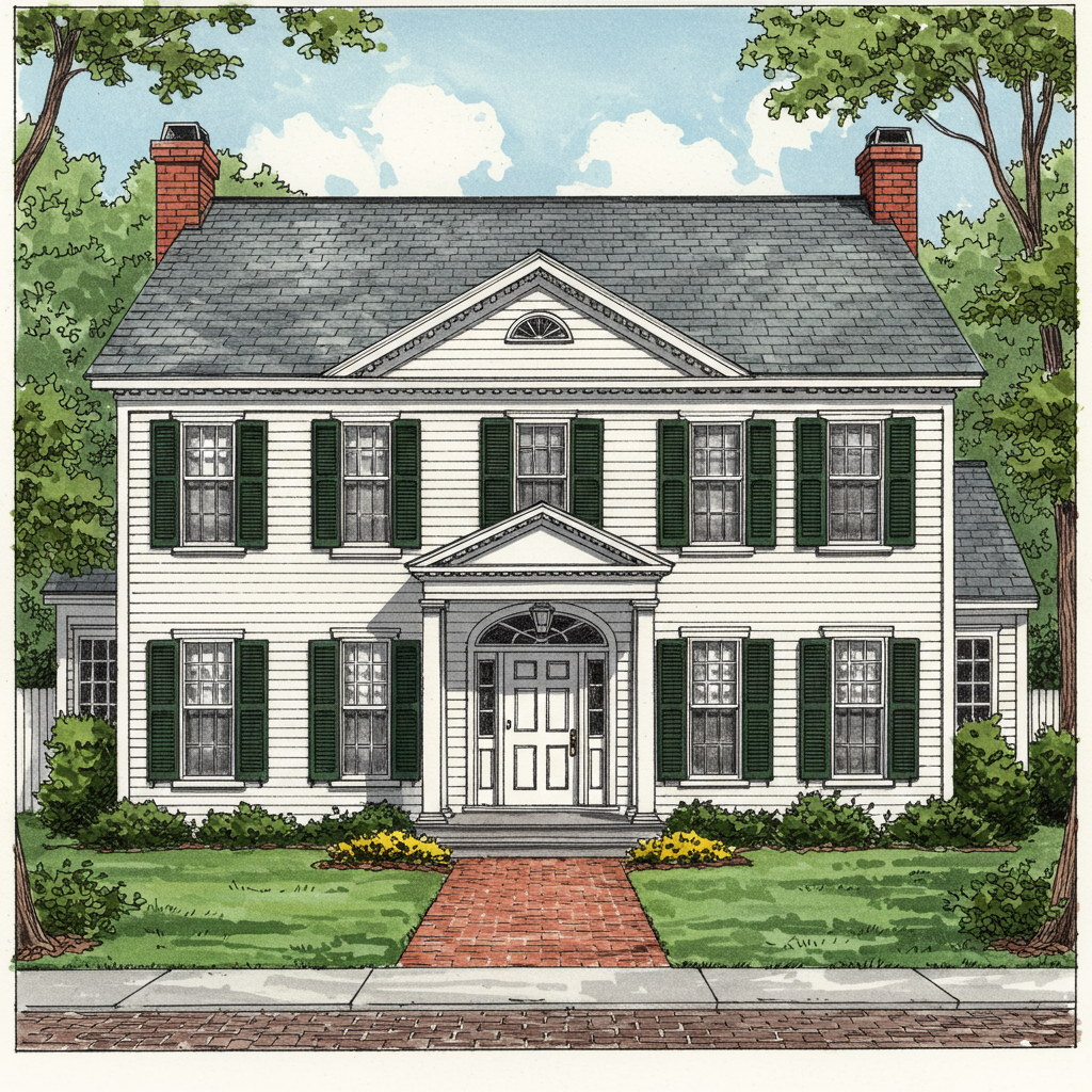 A symmetric Colonial Revival house with central pedimented portico, six-over-six sashes with shutters, and white-painted clapboard