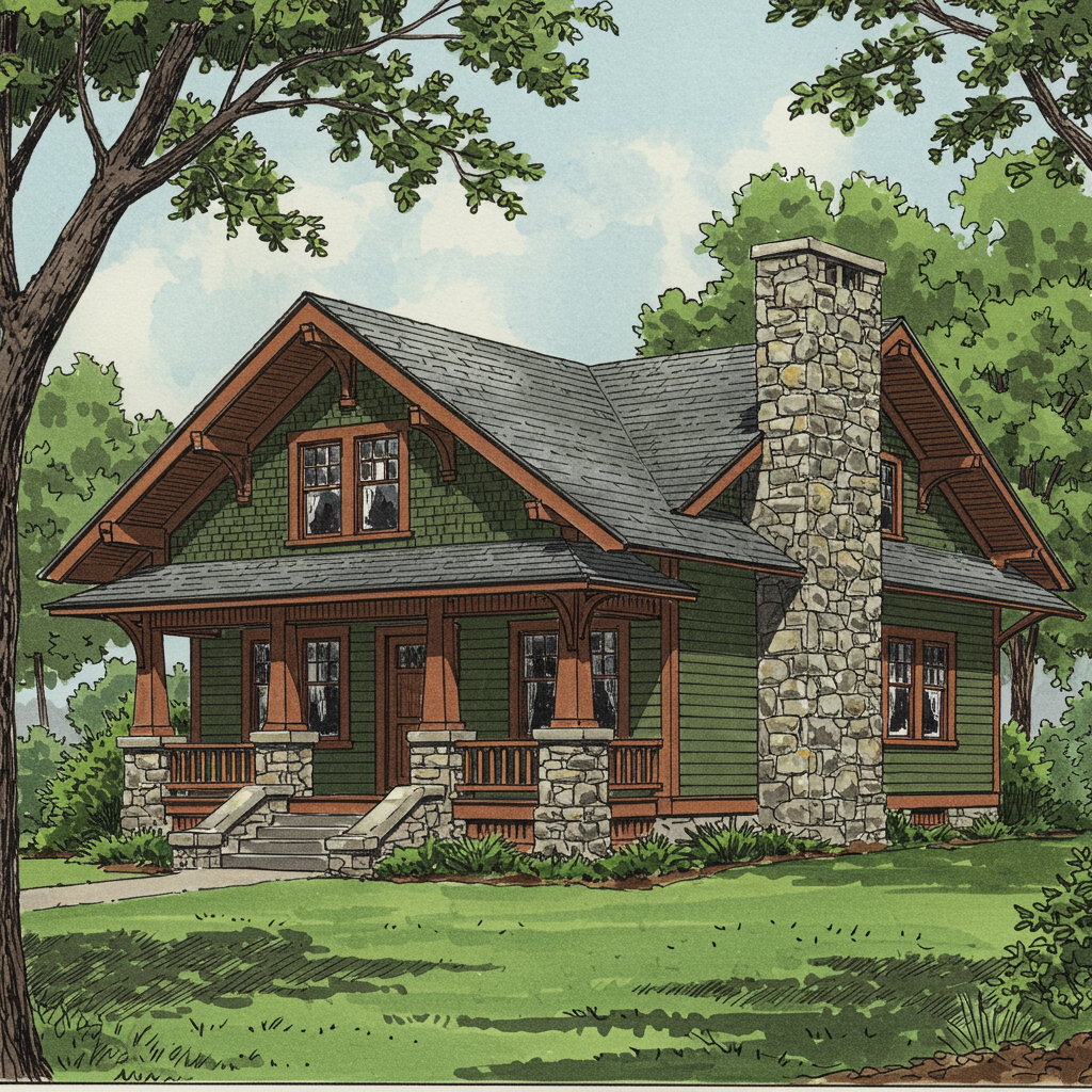 A Craftsman bungalow with low-pitched front-gabled roof, exposed rafter tails, knee braces, and a wide porch on tapered posts on stone piers