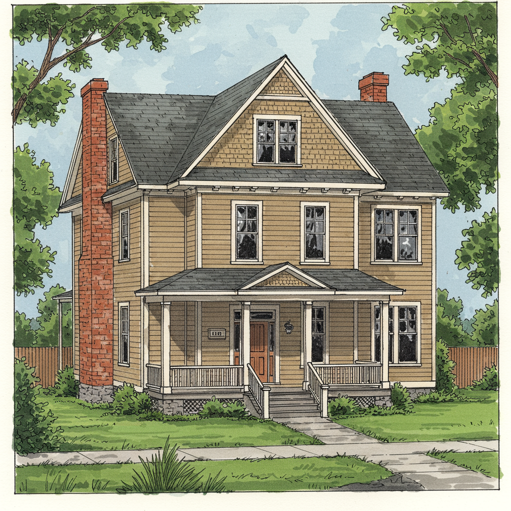 A two-storey American Foursquare with hipped roof, central dormer, and symmetric front elevation