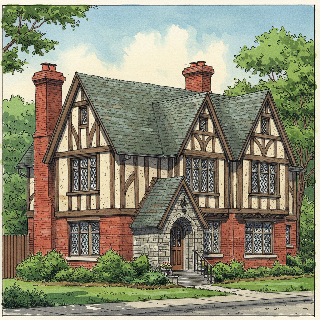 A Tudor Revival house with half-timbered upper storey, steep cross-gables, and mullioned casement windows