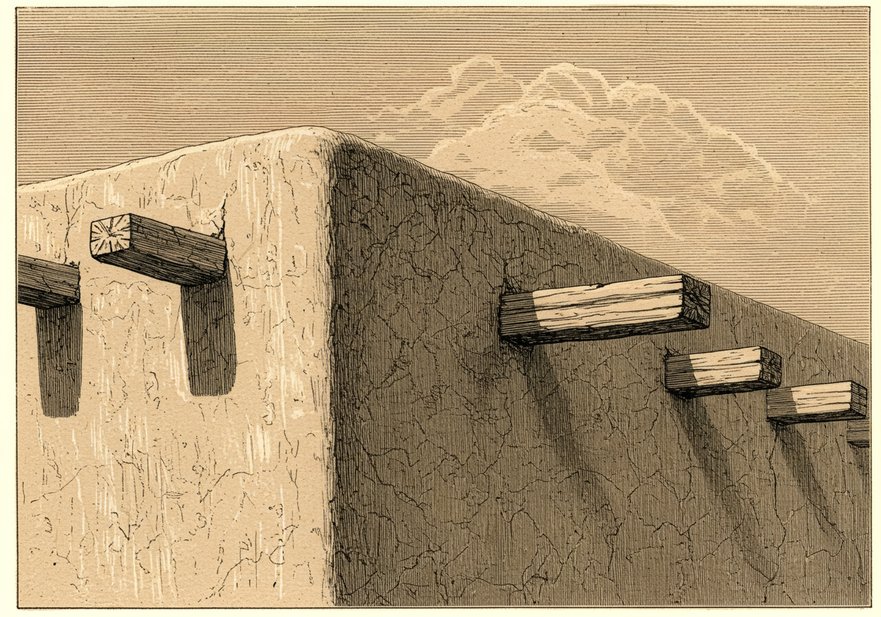 A close detail of a Pueblo Revival roofline — a rounded, softly irregular earthen parapet against the sky, the corner of the wall rounded rather than square, and a carved wooden canale, a roof-drainage spout, projecting horizontally from the parapet to throw rainwater clear of the wall below