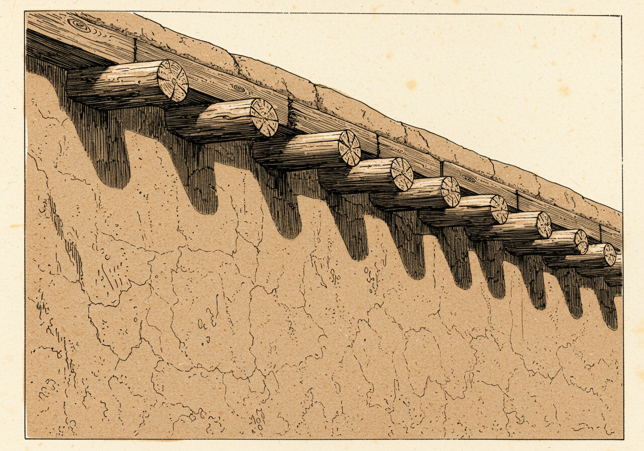 A close detail of a Pueblo Revival wall — a battered, slightly inward-leaning earth-toned stucco wall, its surface hand-finished and irregular, with a row of round wooden beams projecting horizontally through the wall just below the parapet, their cut ends weathered grey, and above them the rounded top of the earthen parapet