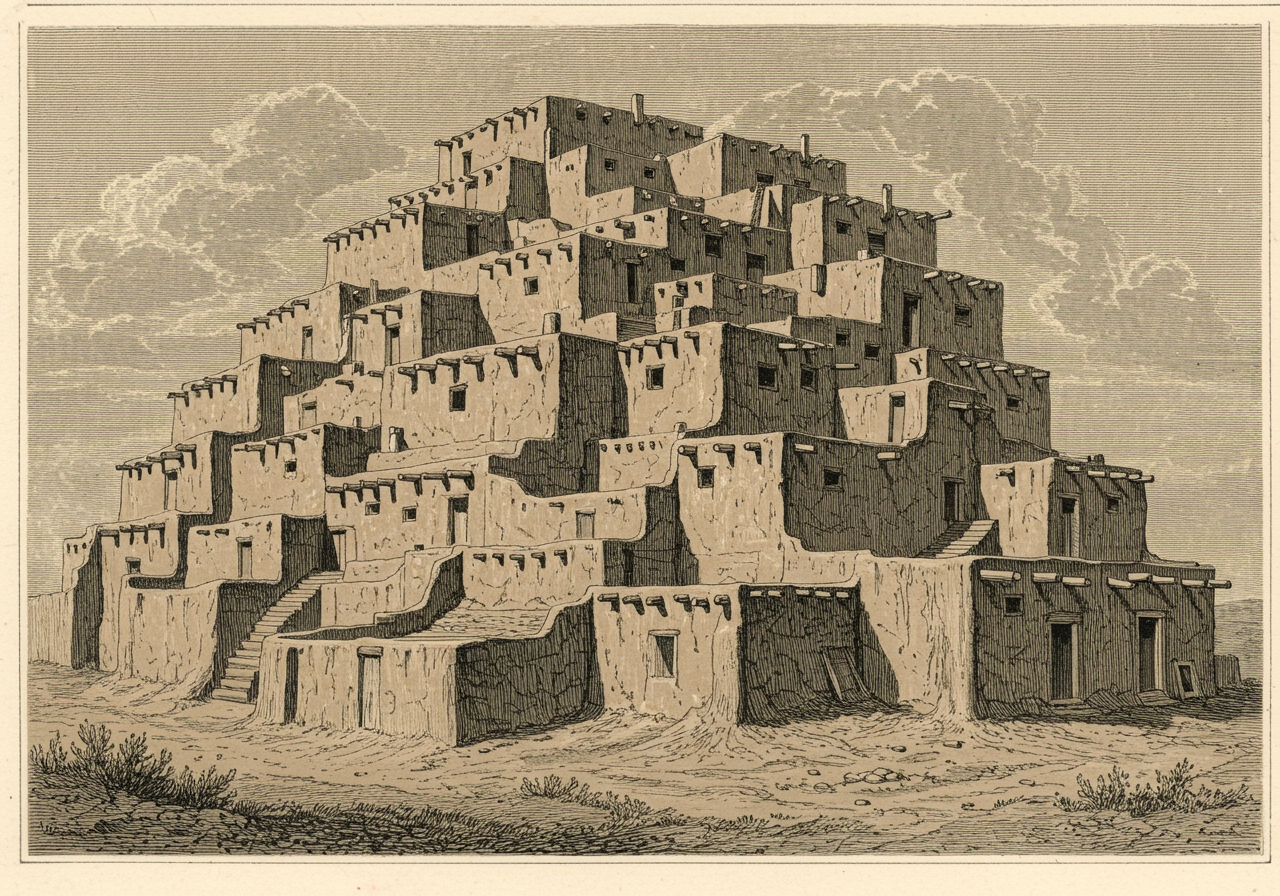 A genuine multi-storey adobe pueblo in the manner of Taos — a stepped, terraced block of true coursed-adobe rooms several storeys high, each upper storey set back from the one below, structural vigas projecting from the walls, the flat roofs serving as the terraces of the dwellings above, ladders between levels, a hand-mudded irregular surface