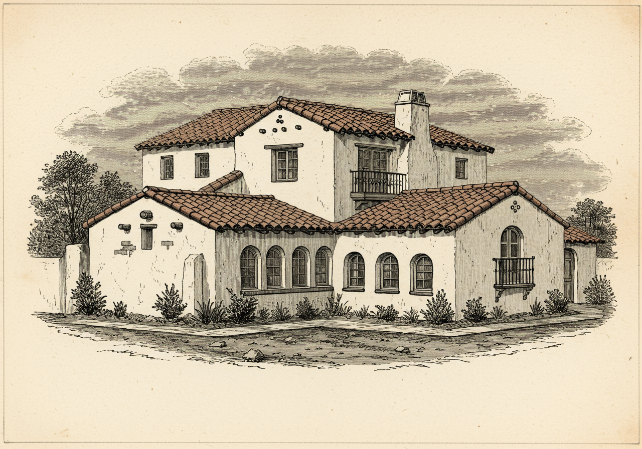 A Spanish Colonial Revival house — smooth white stucco walls, a low-pitched roof of red clay barrel tiles, round-arched windows in rhythmic groups, a small wrought-iron balcony at the second storey, an ornate carved entrance surround, asymmetric picturesque composition