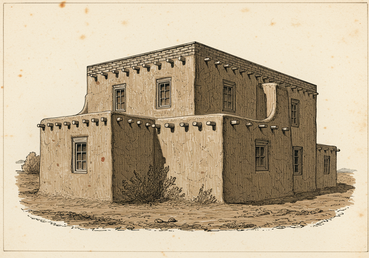 A Territorial-style New Mexico house — a flat-roofed adobe-form house, but with a parapet capped by a projecting course of fired brick, and windows and doors trimmed with painted wooden Greek Revival surrounds, pediments, and pilasters, Anglo classical elements applied to an earthen-walled form