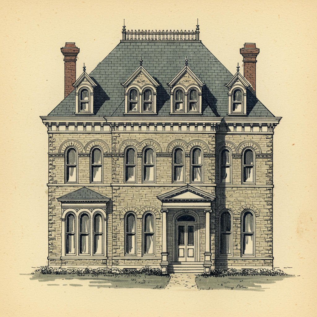 A Second Empire house with prominent mansard roof